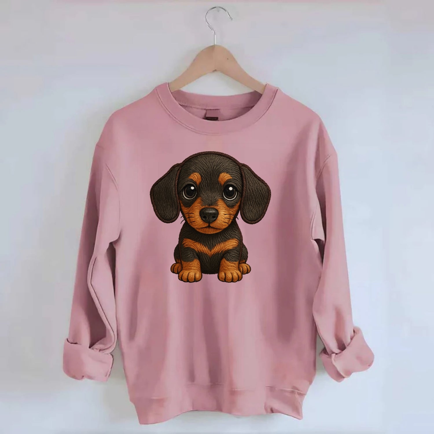 Baby Dachshund Puppy - long body, short legs, floppy ears, curious eyes, - Crewneck Sweatshirt - pink