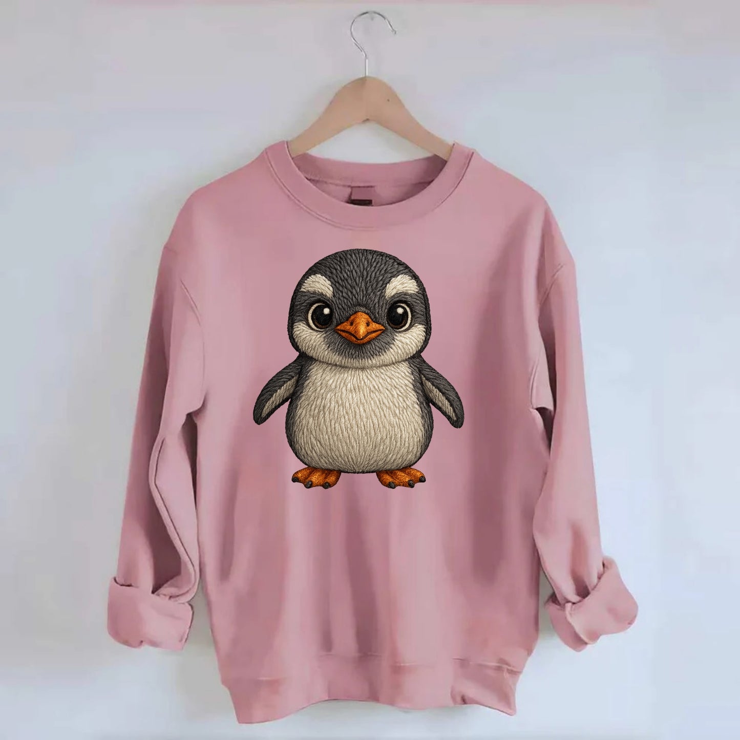 Baby Gentoo Penguin - orange beak, white cap, bright eyes, front-facing, - Crewneck Sweatshirt - pink