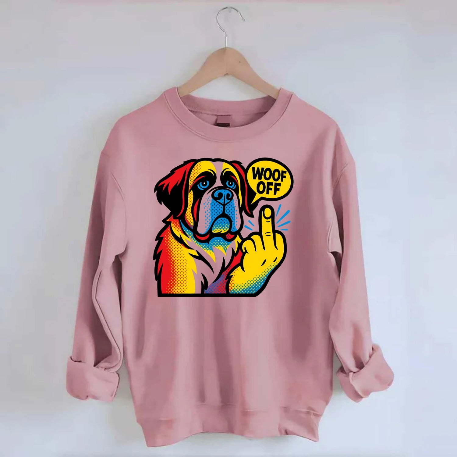 Saint Bernard with gentle giant face and droopy jowls, huge paw raised - Crewneck Sweatshirt - pink