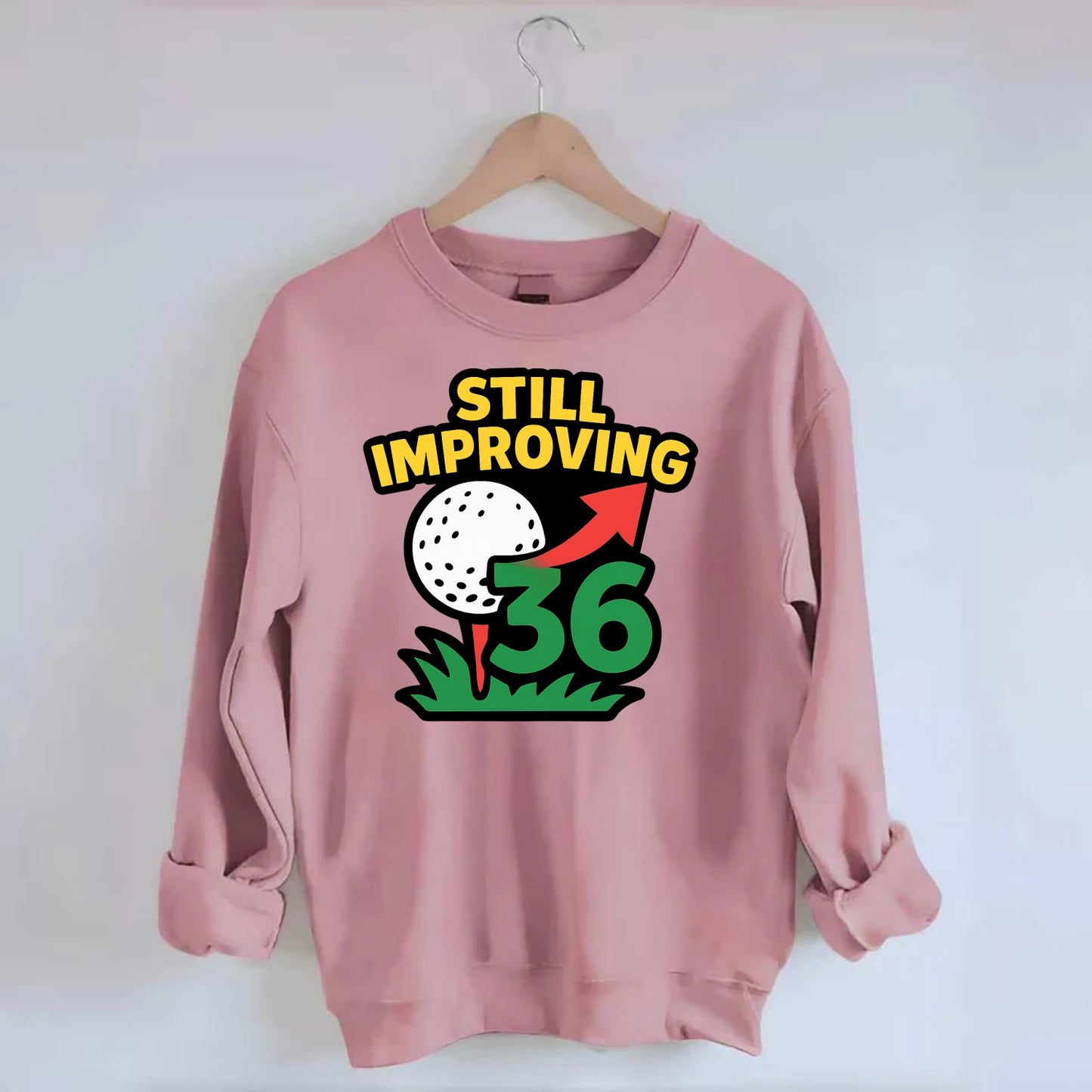 Handicap number getting higher with arrow - "Still Improving" - optimistic - Crewneck Sweatshirt - pink