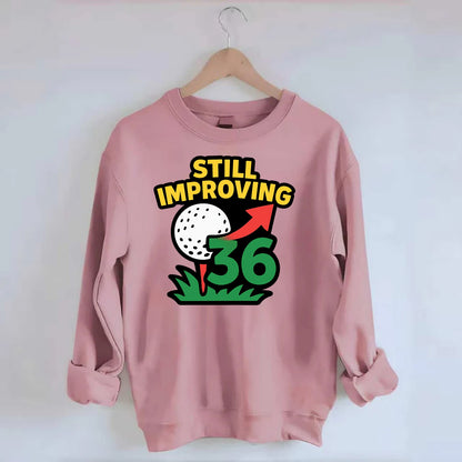 Handicap number getting higher with arrow - "Still Improving" - optimistic - Crewneck Sweatshirt - pink