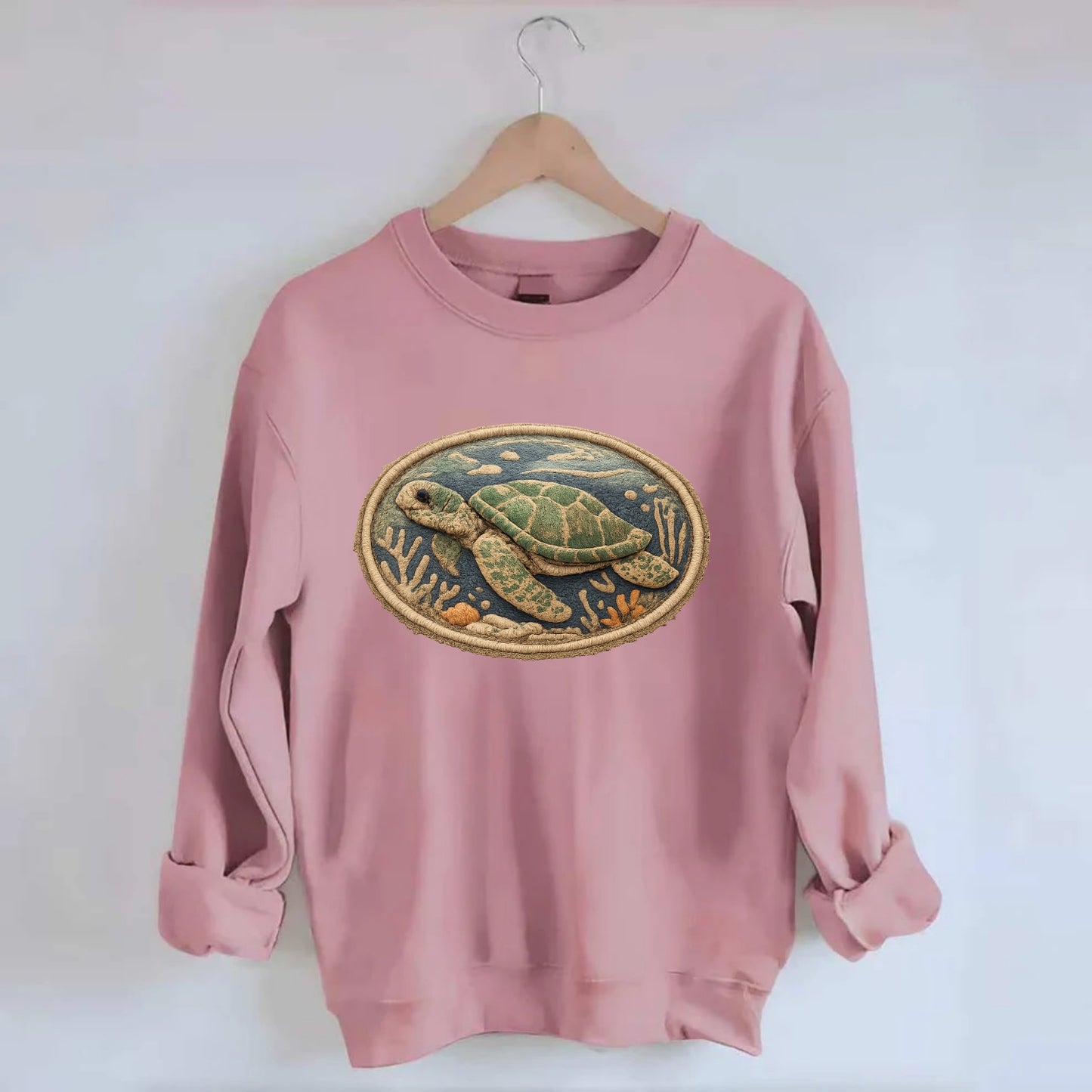 SEA TURTLE - swimming turtle in green and blue , ocean life - Crewneck Sweatshirt - pink