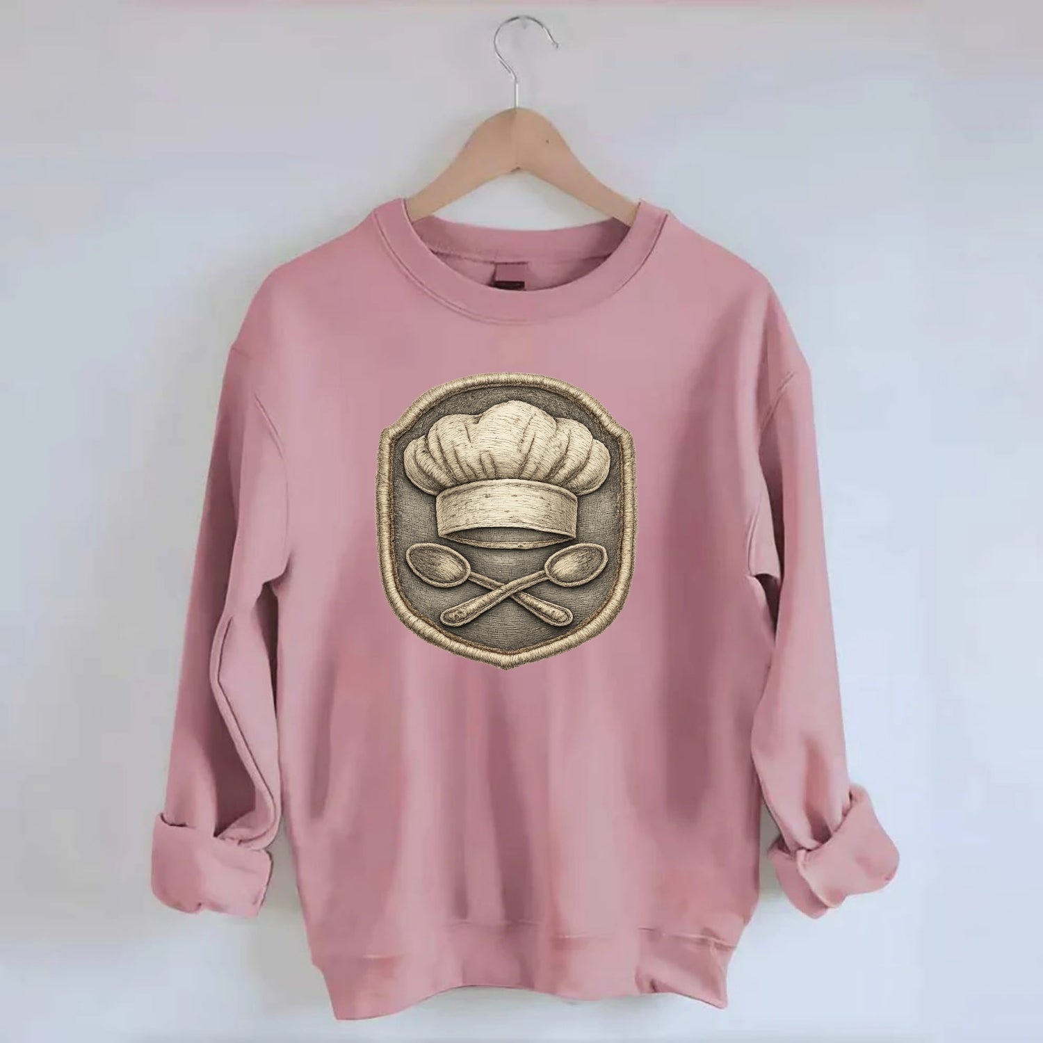 COOKING CHEF HAT - toque blanche with crossed spoons in white and silver , - Crewneck Sweatshirt - pink