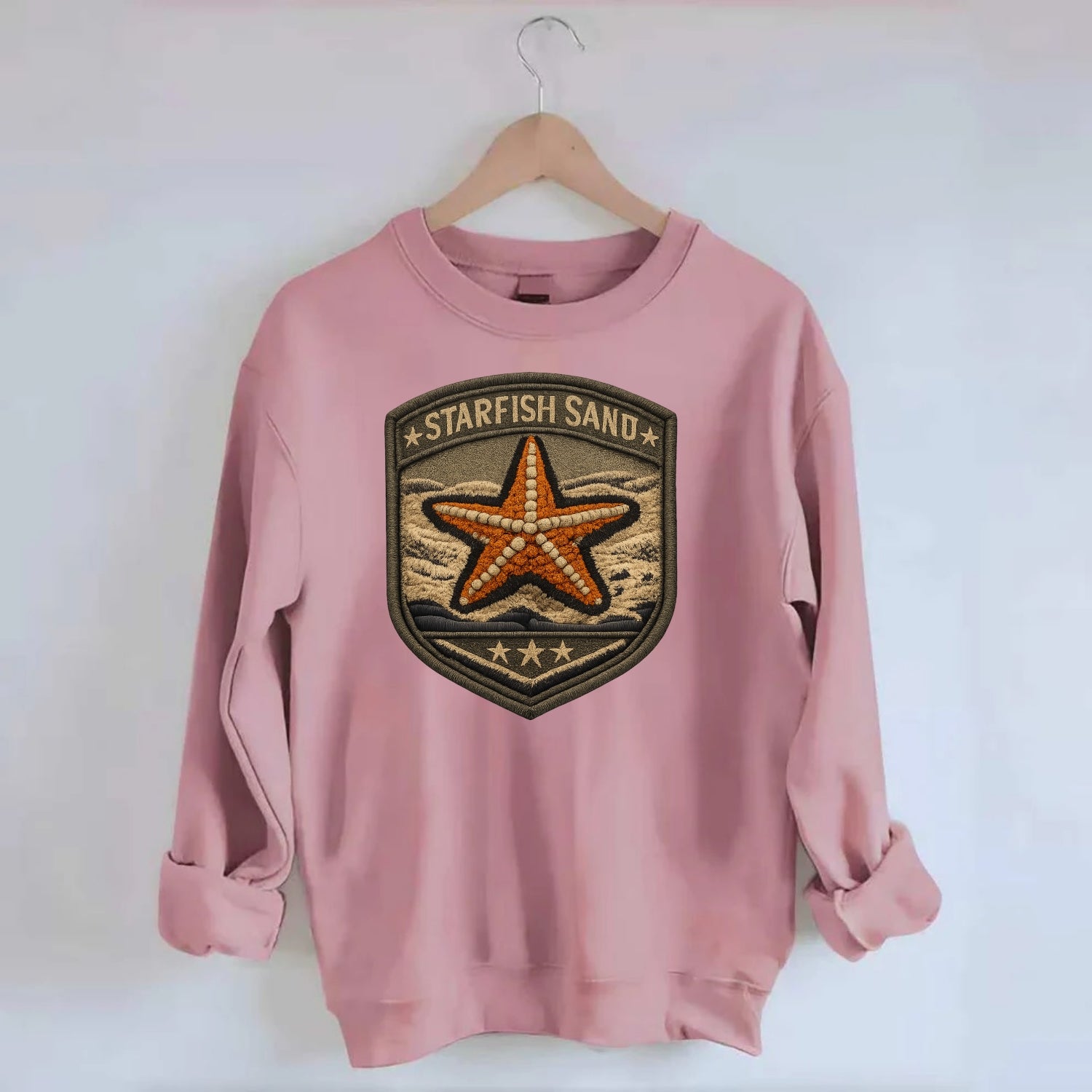STARFISH SAND - sea star in orange and tan , beachcomber - Crewneck Sweatshirt - pink