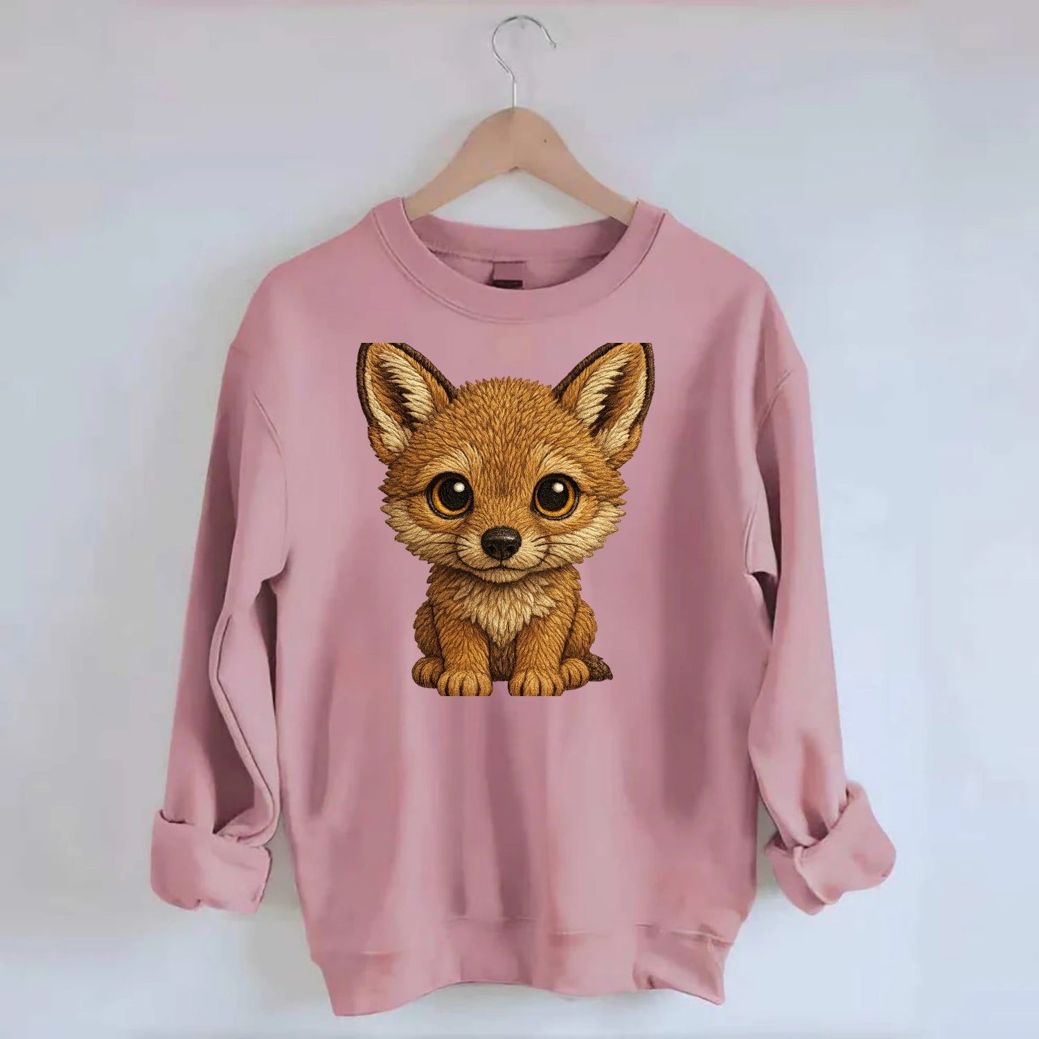 Baby Coyote Pup - tan fur, large ears, golden eyes, front-facing, clever baby - Crewneck Sweatshirt - pink
