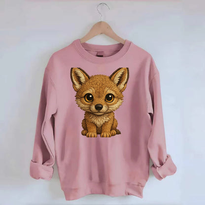 Baby Coyote Pup - tan fur, large ears, golden eyes, front-facing, clever baby - Crewneck Sweatshirt - pink