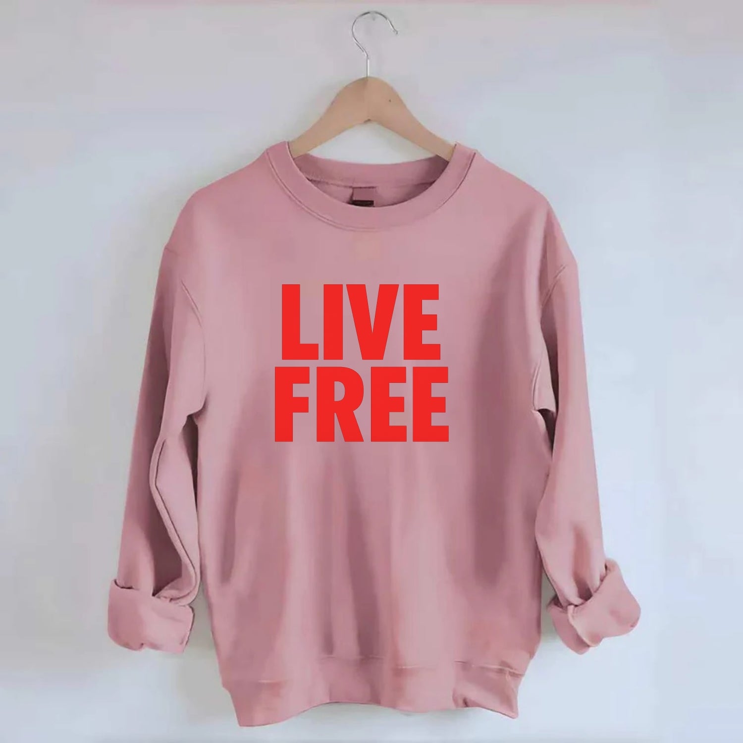 Bold typography design - "LIVE FREE" - unrestricted living - Crewneck Sweatshirt - pink