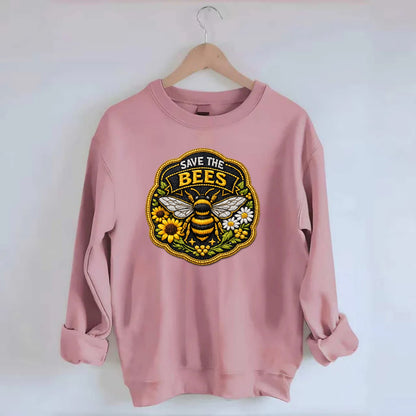 SAVE THE BEES - bee with flowers in yellow , pollinator protection - Crewneck Sweatshirt - pink