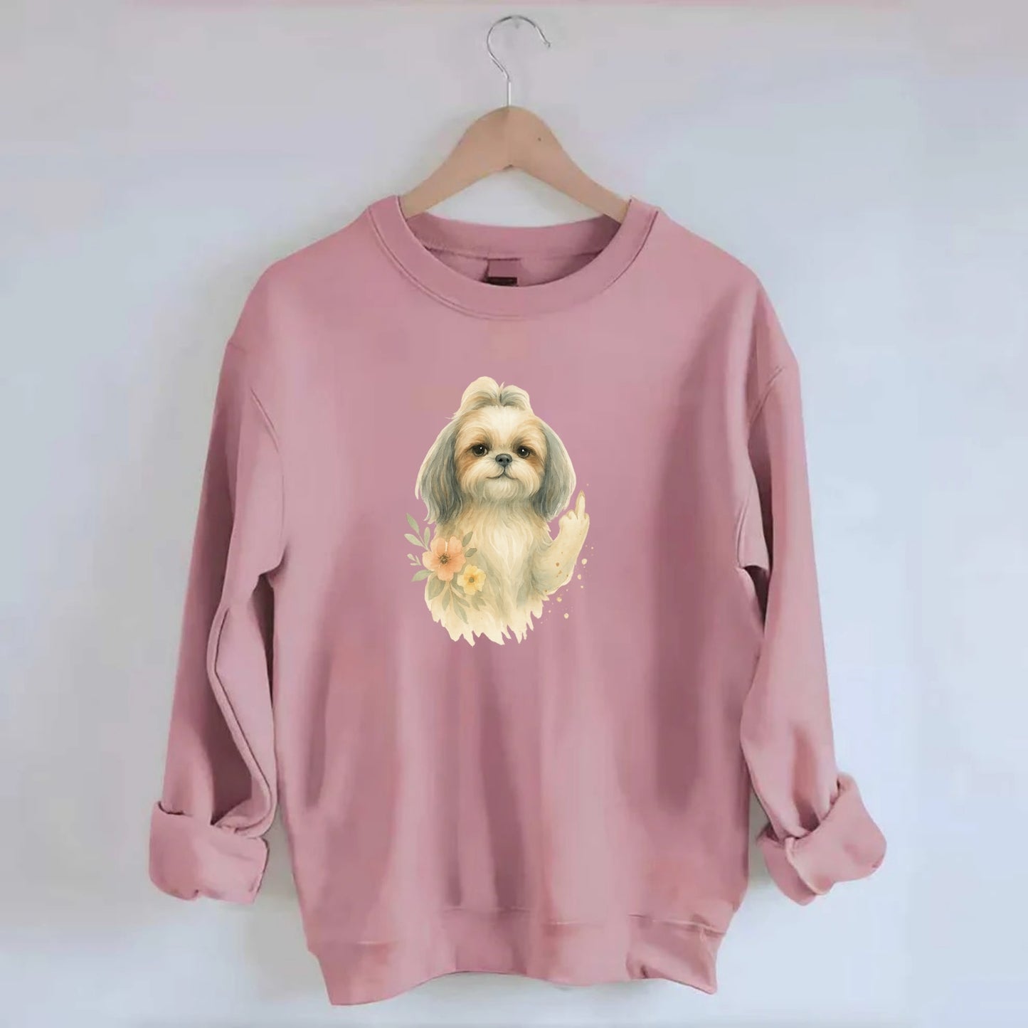Shih Tzu with long flowing silky hair, tiny paw showing attitude - Crewneck Sweatshirt - pink