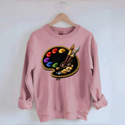 PAINT PALETTE - artist palette with brushes in rainbow and brown , creative - Crewneck Sweatshirt - pink