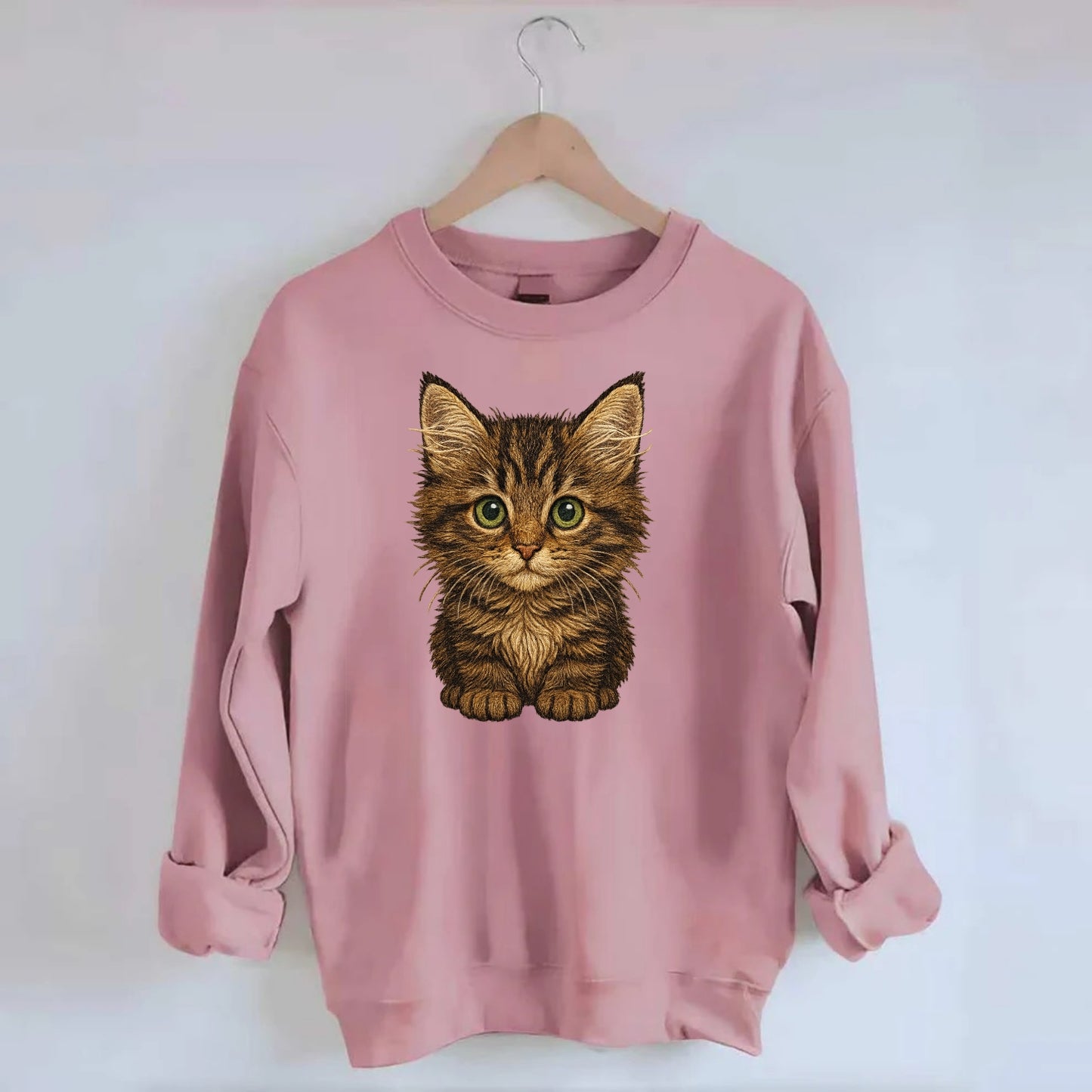 Baby Maine Coon Kitten - large fluffy tabby, tufted ears, big green eyes, - Crewneck Sweatshirt - pink