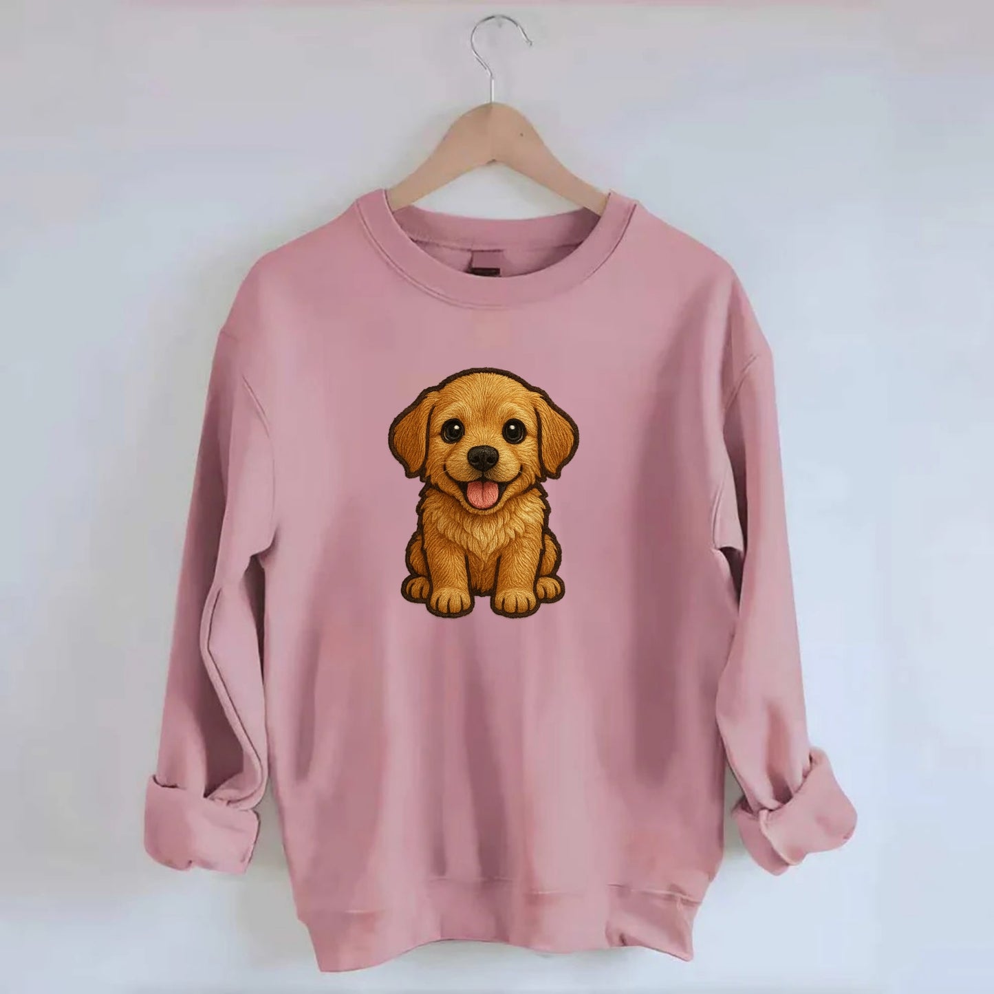 Baby Golden Retriever Puppy - fluffy golden fur, big brown eyes, pink tongue, - Crewneck Sweatshirt - pink