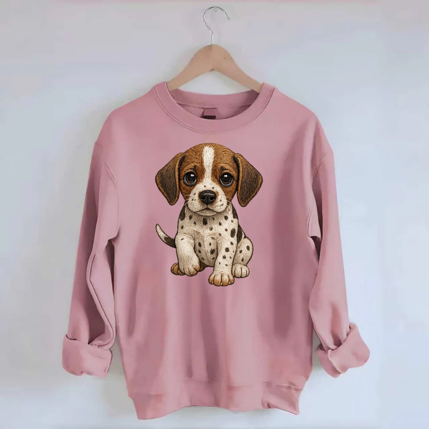Baby Pointer Puppy - spotted coat, noble stance, alert eyes, front-facing, - Crewneck Sweatshirt - pink