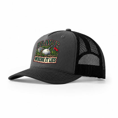 Play It Where It Lies Golf Life Trucker Hat – Dark Grey Black