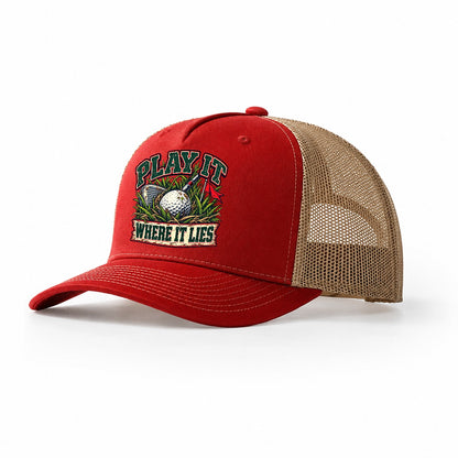 Play It Where It Lies Golf Life Trucker Hat – Red Khaki
