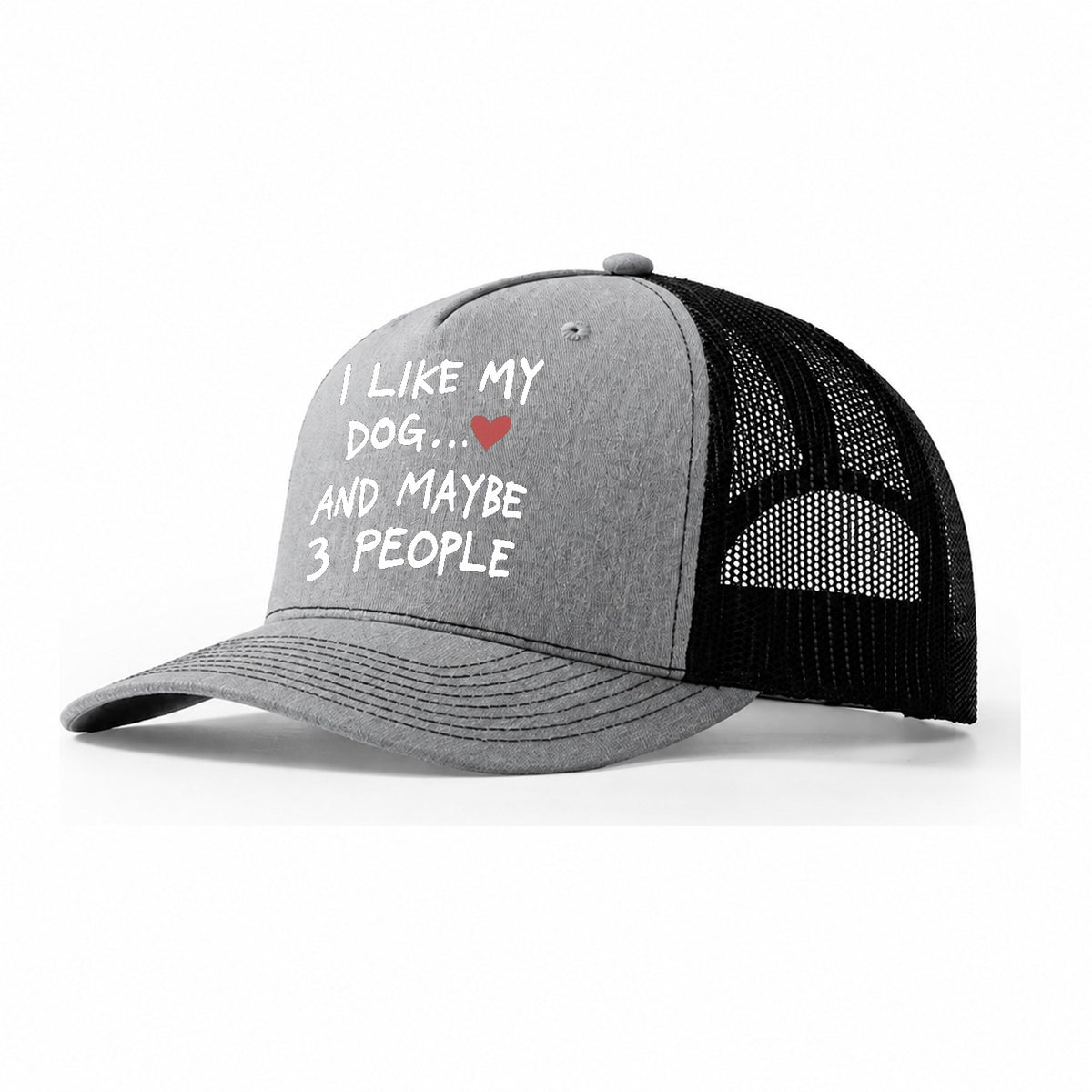 I Like My Dog And Maybe 3 People Trucker Hat – Sport Grey Black