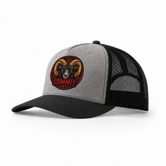 Ram Commit Badge Trucker Hat – Grey Black