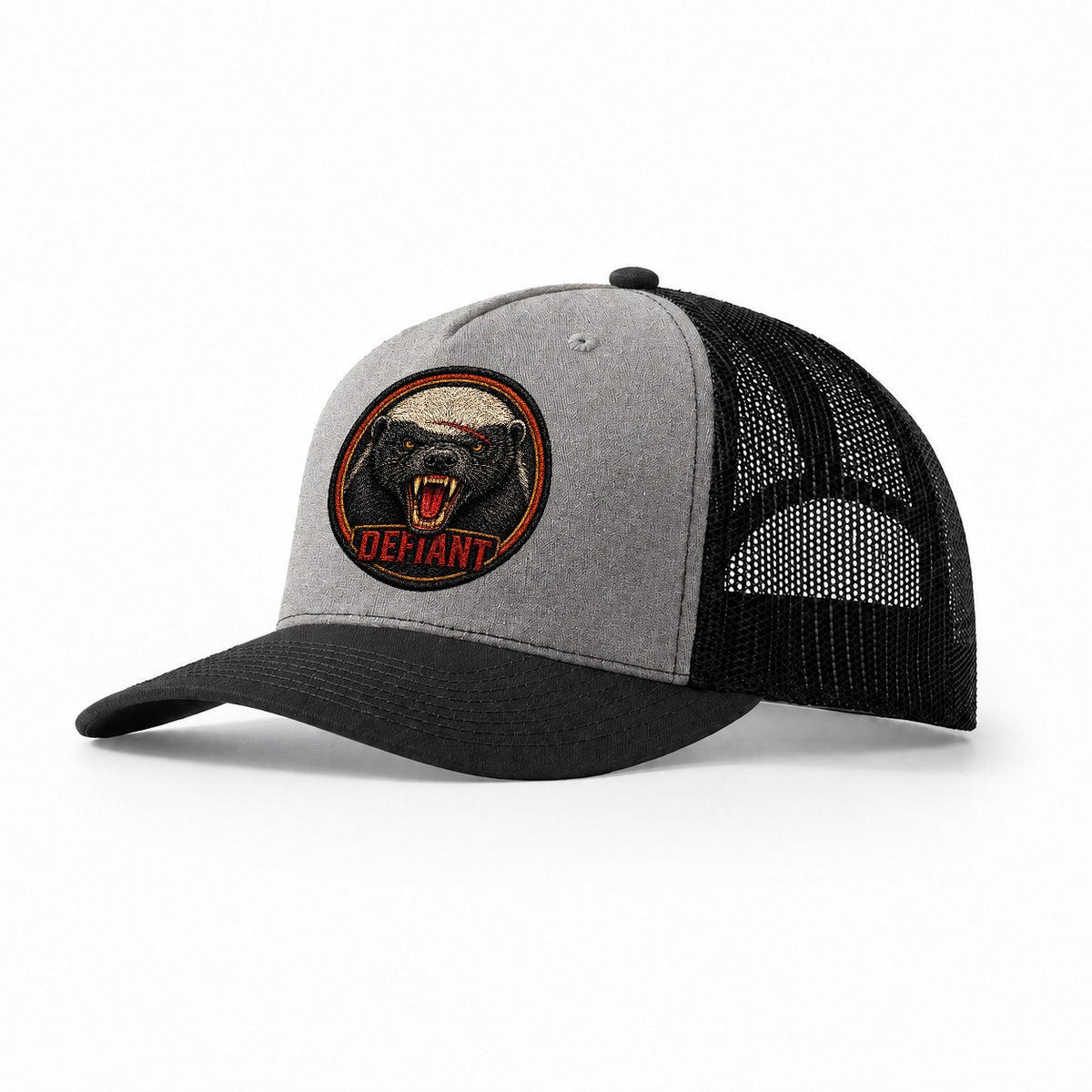 Honey Badger Defiant Badge Trucker Hat – Grey Black
