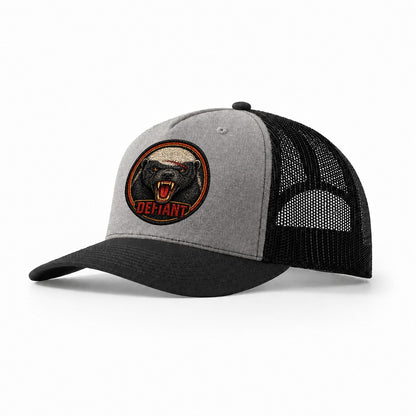 Honey Badger Defiant Badge Trucker Hat – Grey Black