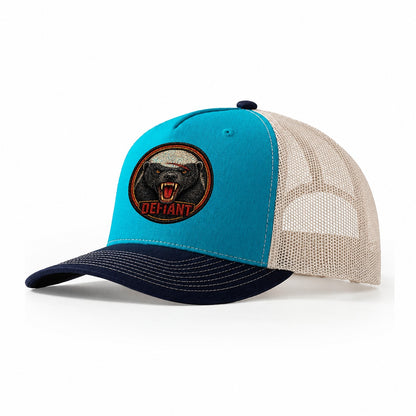 Honey Badger Defiant Badge Trucker Hat – Teal Navy