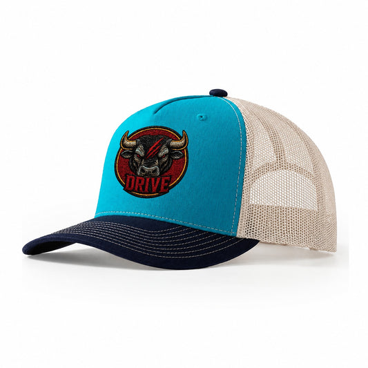 Bull Drive Badge Trucker Hat – Teal Navy