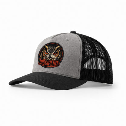 Owl Discipline Badge Trucker Hat – Grey Black