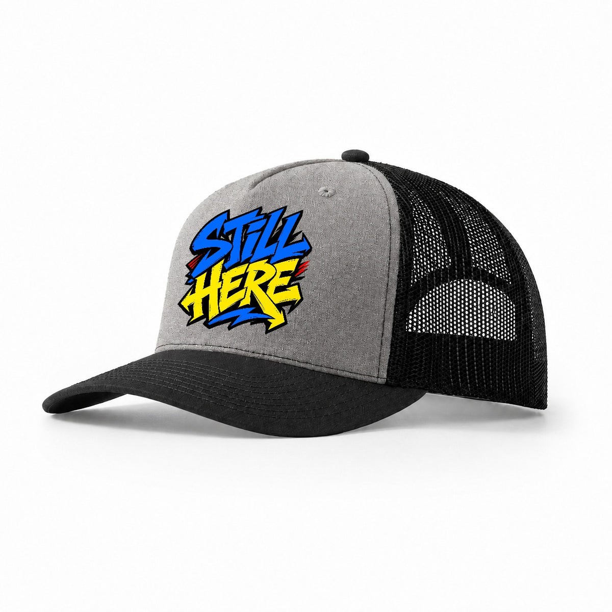 Still Here Tee Graphic Trucker Hat – Grey Black