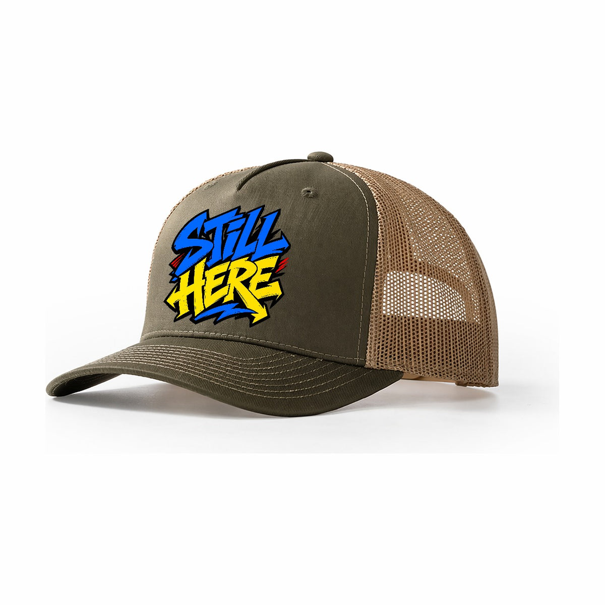 Still Here Tee Graphic Trucker Hat – Olive Khaki