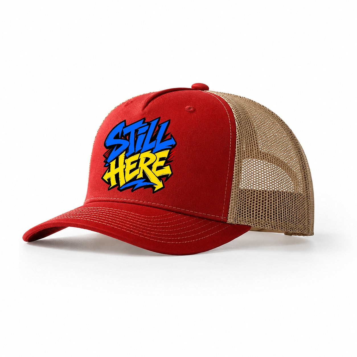 Still Here Tee Graphic Trucker Hat – Red Khaki