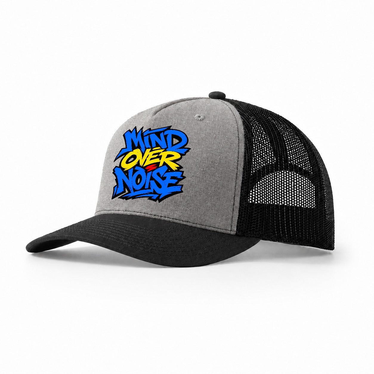 Mind Over Noise Tee Graphic Trucker Hat – Grey Black