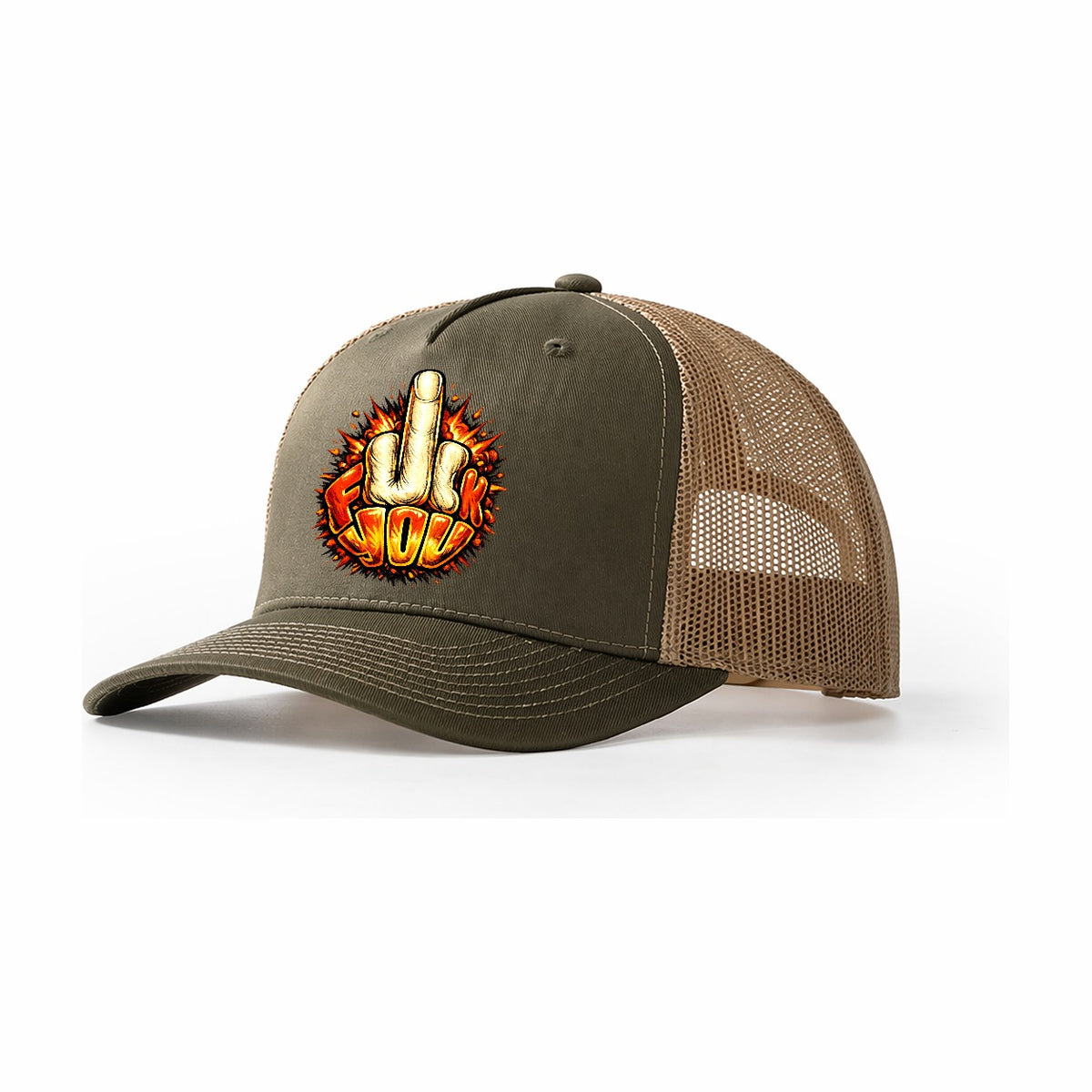 Fiery Illustrated Fuck You! Gesture Trucker Hat – Olive Khaki