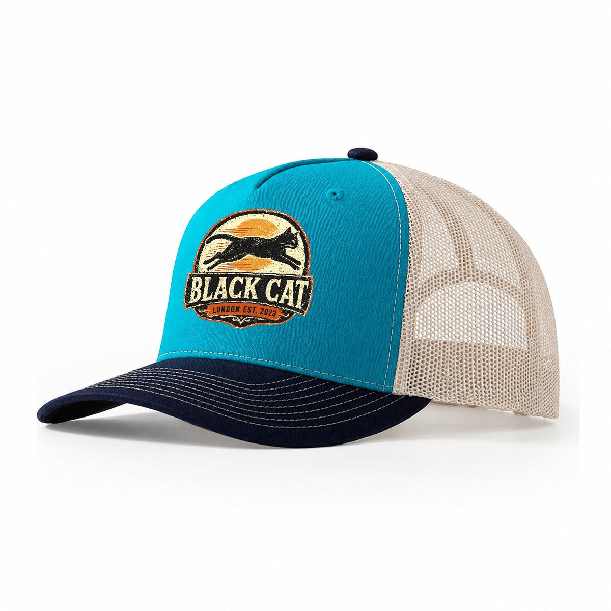 Vintage Running Black Cat London Trucker Hat – Teal Navy