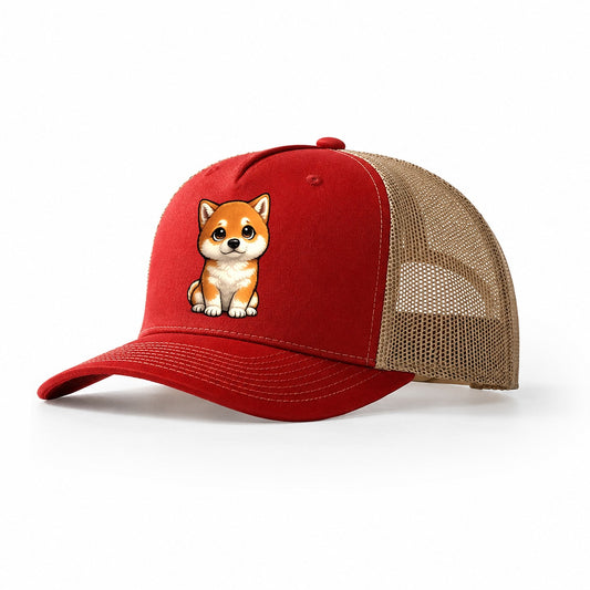 Shiba Inu Sitting Sweetheart Trucker Hat – Red Khaki
