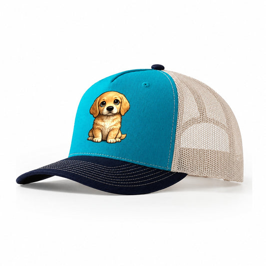 Golden Retriever Sitting Sweetheart Trucker Hat – Teal Navy