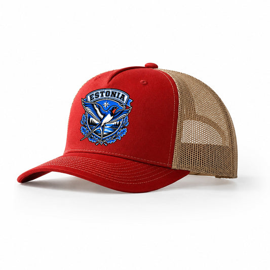 Estonia Retro Badge Country Logos Trucker Hat – Red Khaki