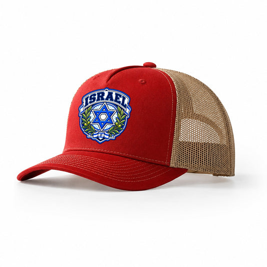 Israel Retro Badge Country Logos Trucker Hat – Red Khaki