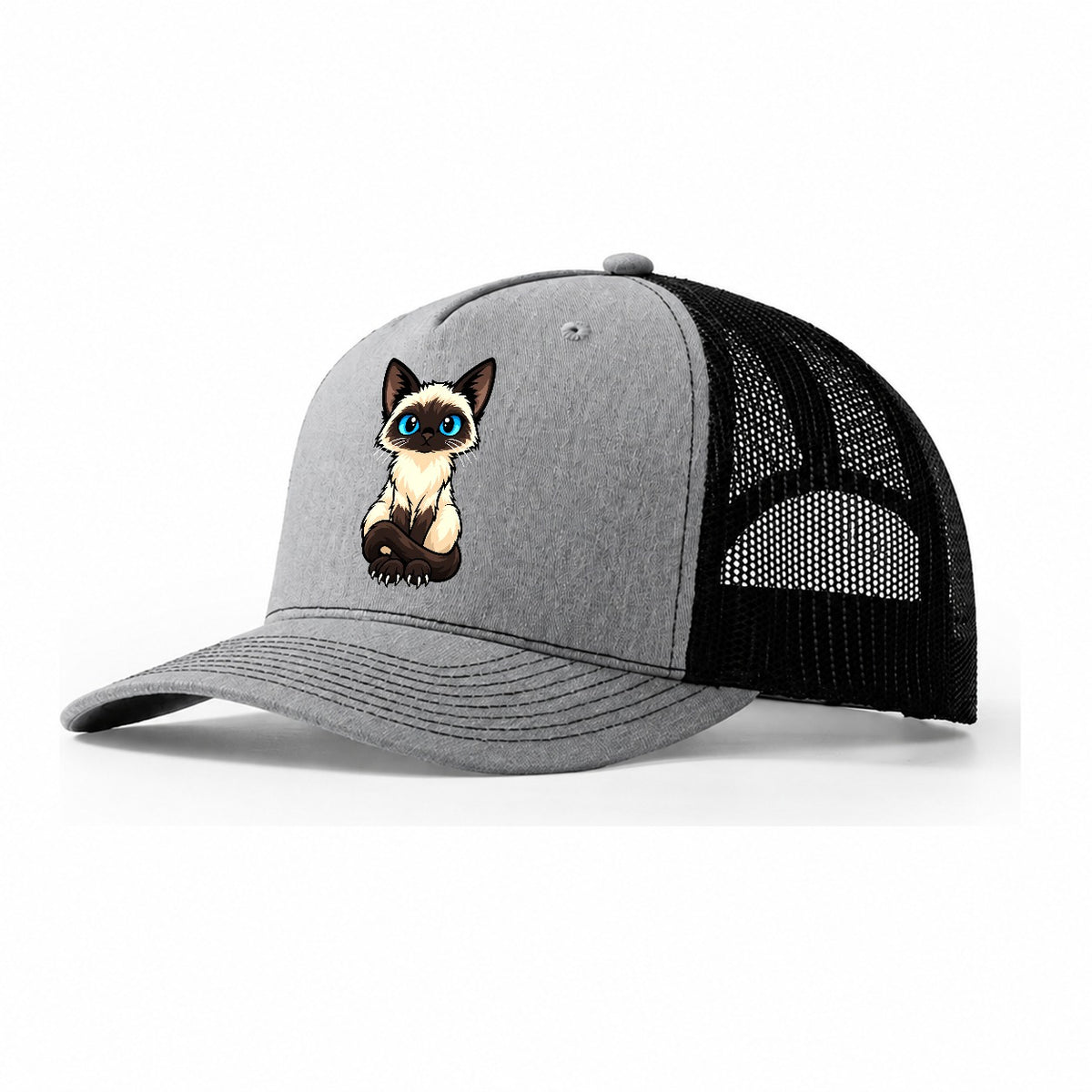 Siamese Sitting Tall Peeking Cats Trucker Hat – Sport Grey Black