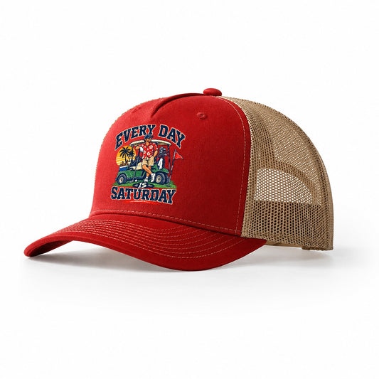 Every Day Is Saturday Golf Life Trucker Hat – Red Khaki
