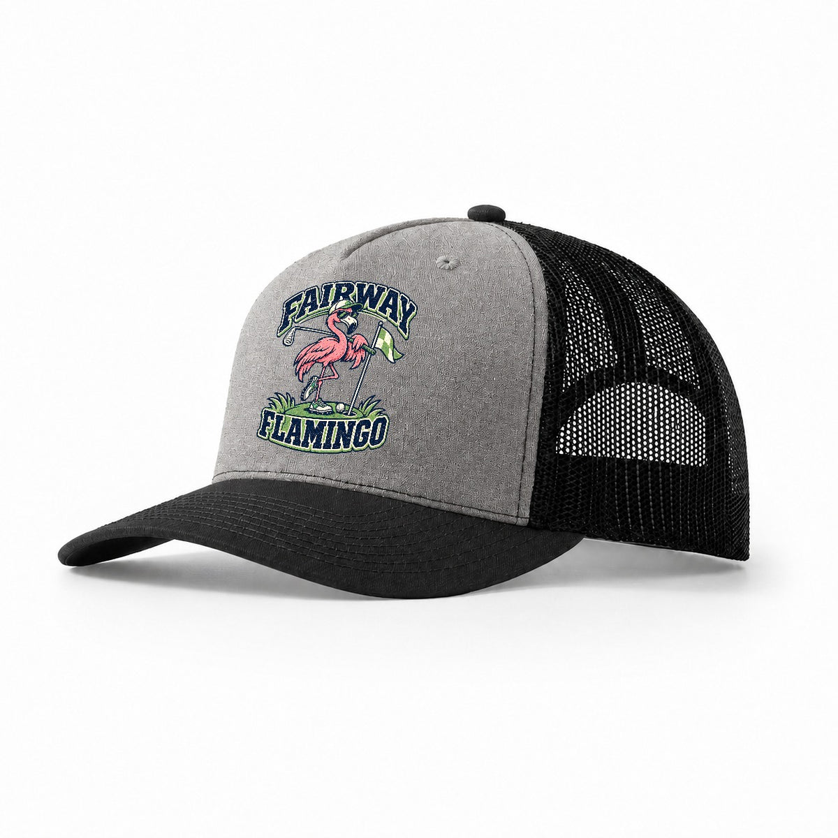Fairway Flamingo Golf Life Trucker Hat – Grey Black