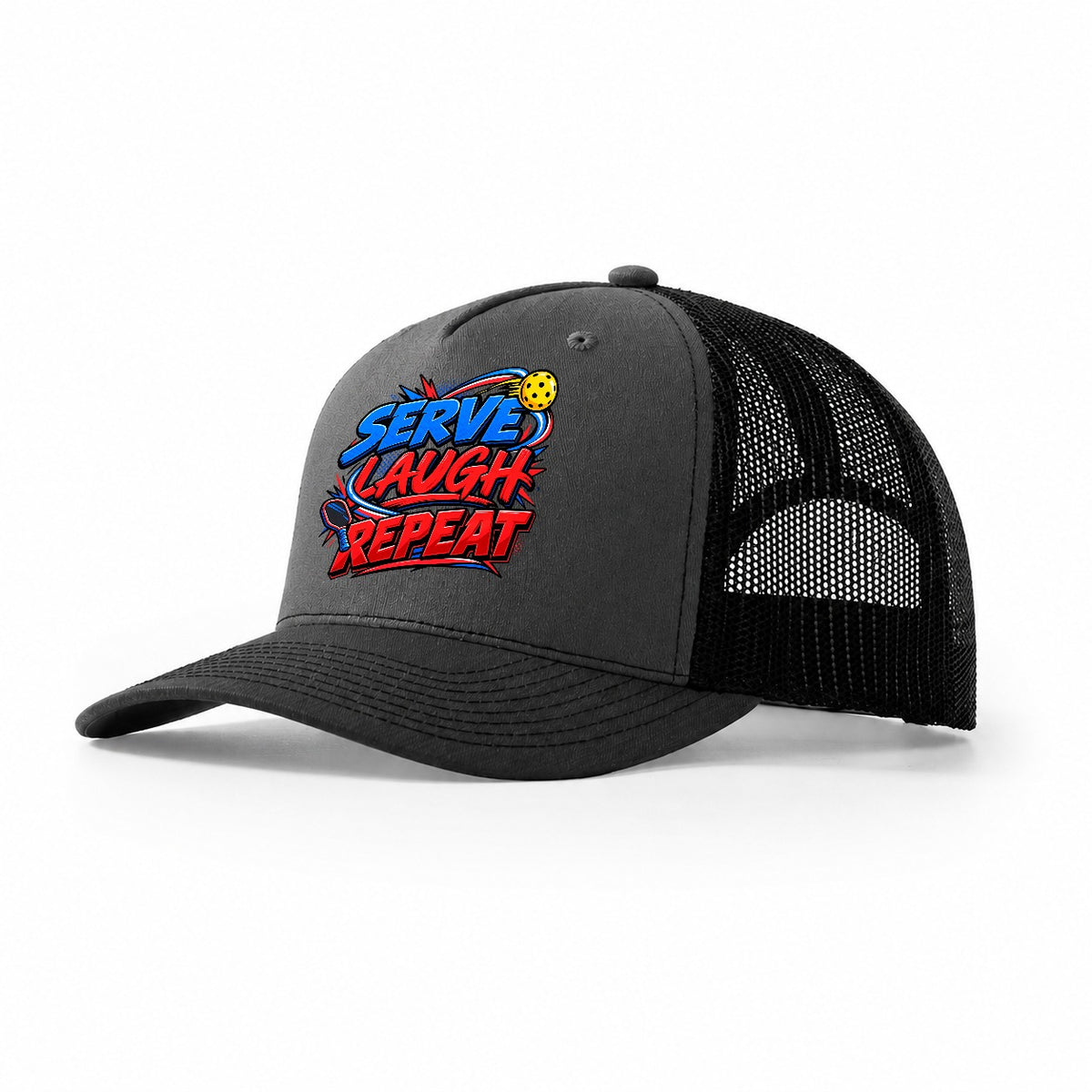 Serve Laugh Repeat Pickleball Life Trucker Hat – Dark Grey Black