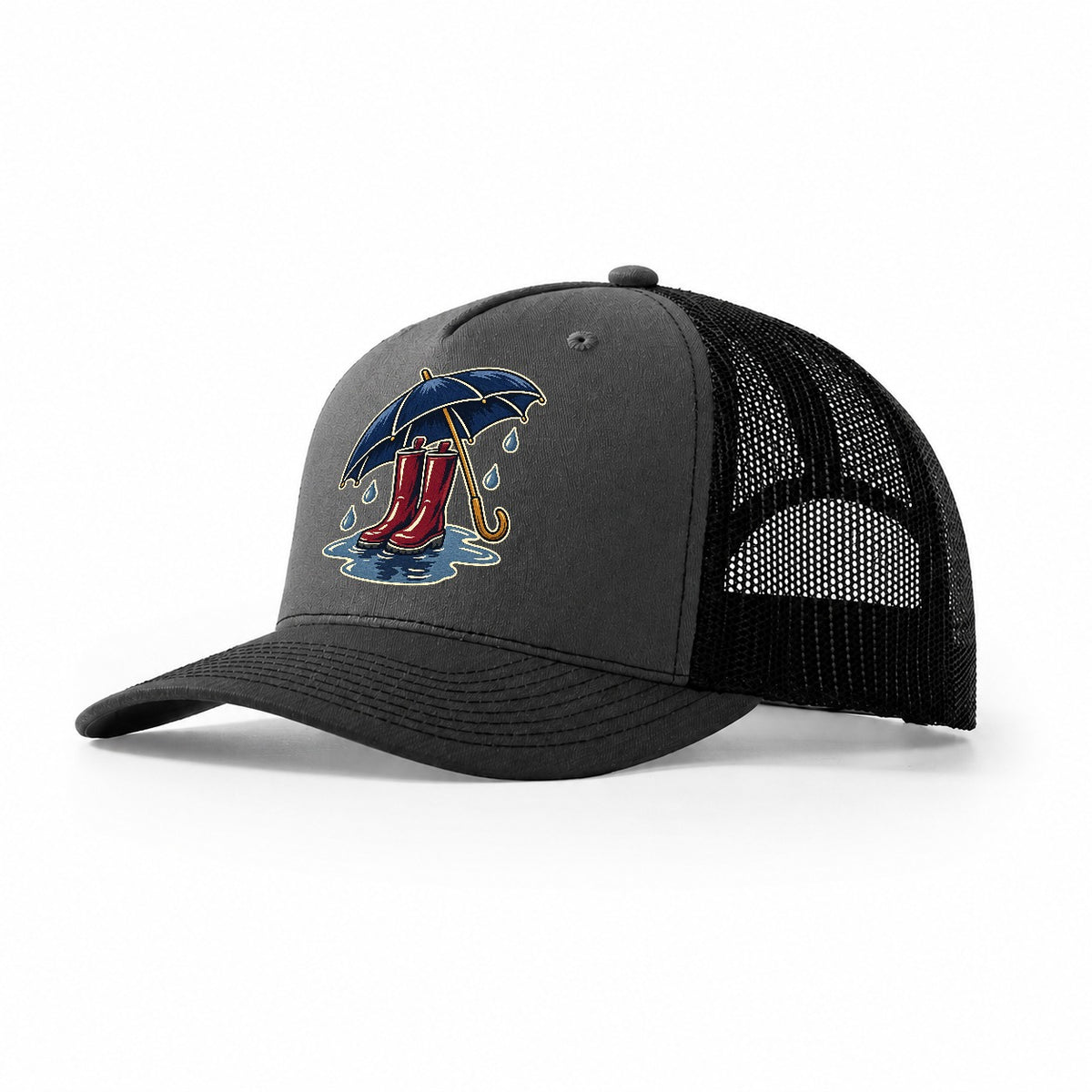 Rainy Day Umbrella And Wellington Boots Uk Culture Heritage Trucker Hat – Dark Grey Black