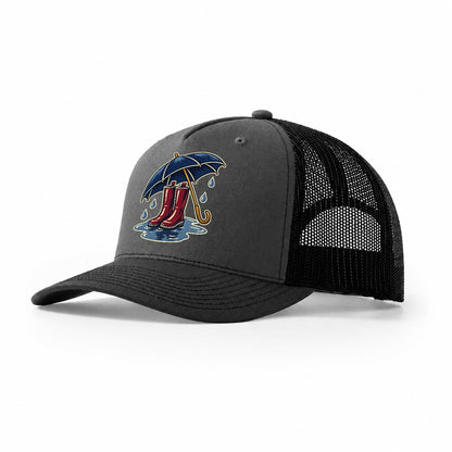 Rainy Day Umbrella And Wellington Boots Uk Culture Heritage Trucker Hat – Dark Grey Black