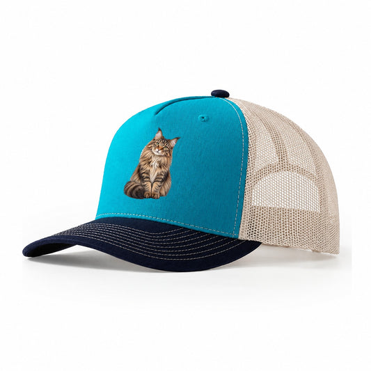 Maine Coon Seated Portrait Realistic Cat Portrait Trucker Hat – Teal Navy