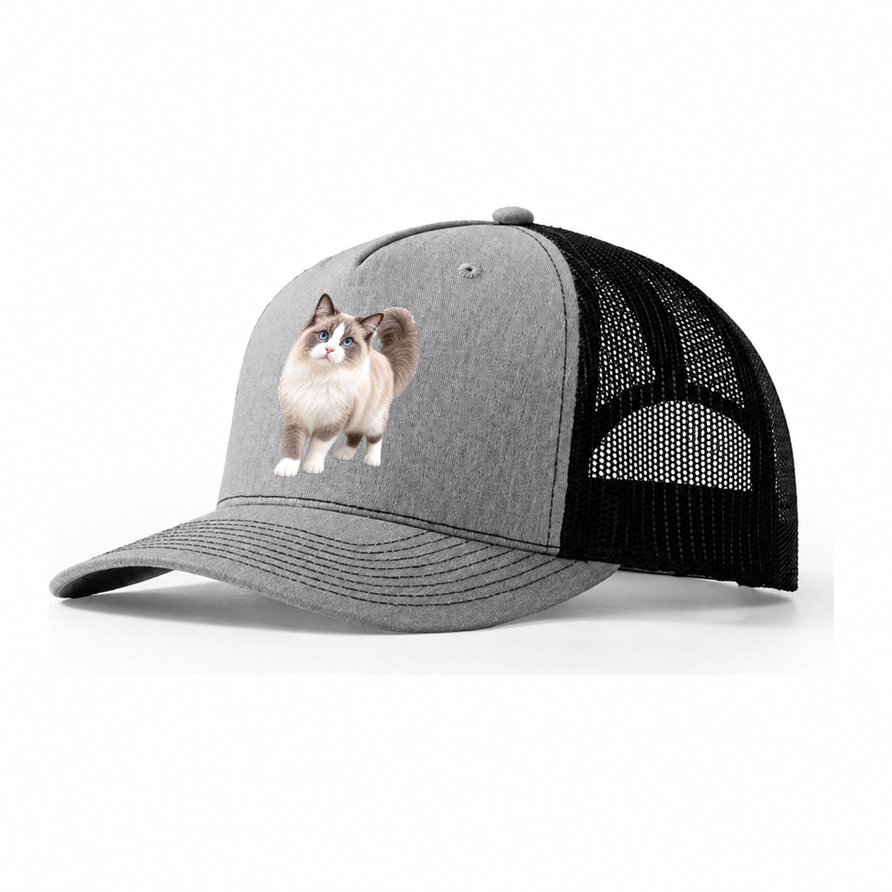 Ragdoll Standing Three Quarter Realistic Cat Portrait Trucker Hat – Sport Grey Black