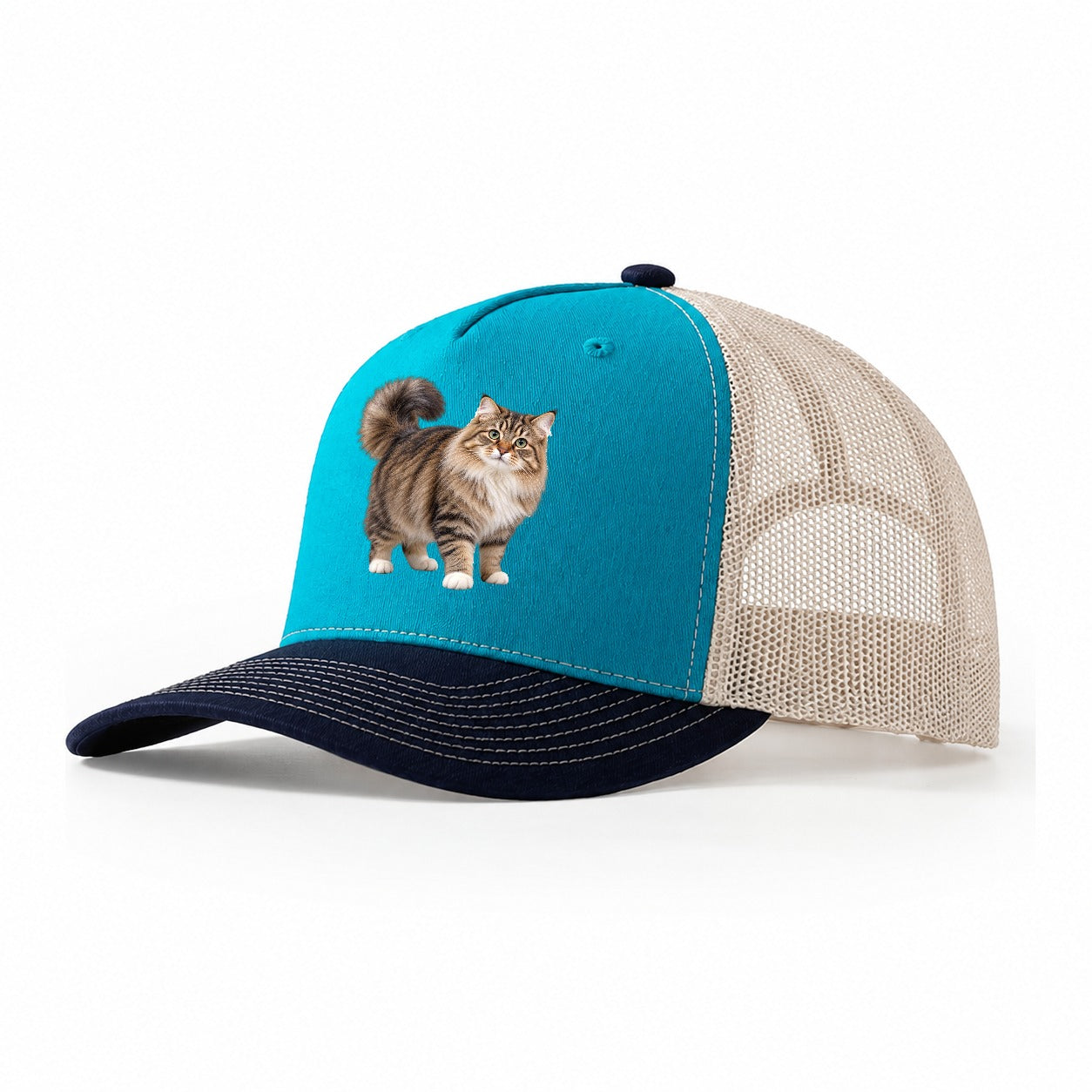 Siberian Standing Three Quarter Realistic Cat Portrait Trucker Hat – Teal Navy
