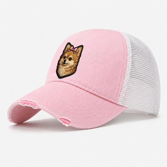 Pomeranian Modern Tiny Dog Logo with Bow Washed Trucker Hat – Light Pink