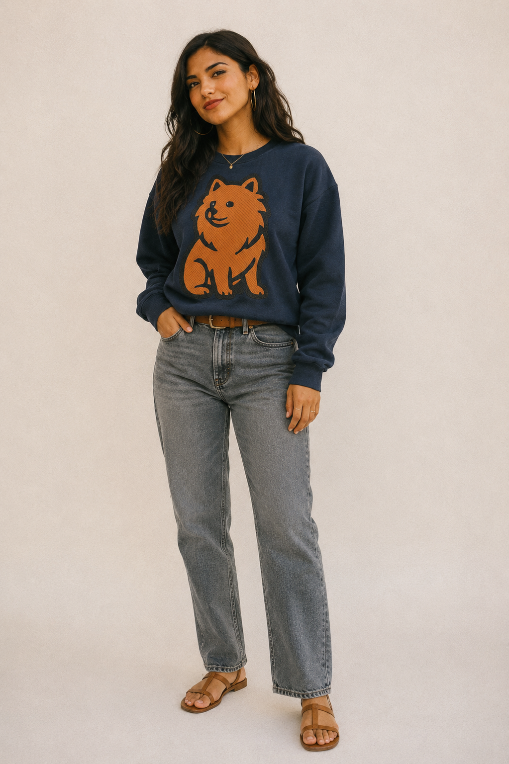 Pomeranian Orange Fluffy Charm Fleece Sweatshirt – studio model photo