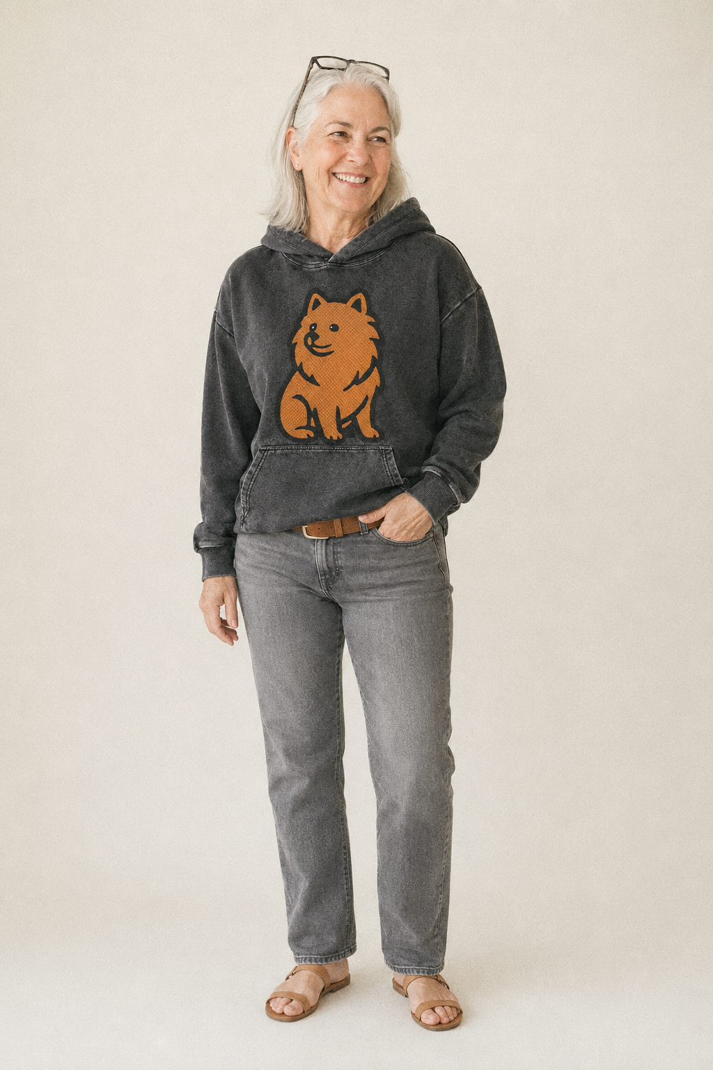 Pomeranian Orange Fluffy Charm Vintage Washed Hoodie – studio model photo