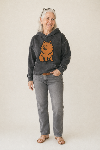 Pomeranian Orange Fluffy Charm Vintage Washed Hoodie – studio model photo