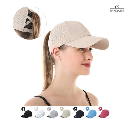 Pandaize レディース 夏用 無地 ベースボールキャップ メッシュ 通気性 スナップバックハット 速乾 スポーティ カジュアル サンハット ポニーテールホールデザイン